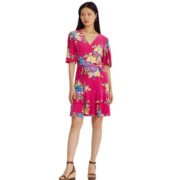 NWT Lauren Ralph Lauren Floral Dress Women's Size 2 Stretch Jersey Mini Ruffled - Picture 1 of 15